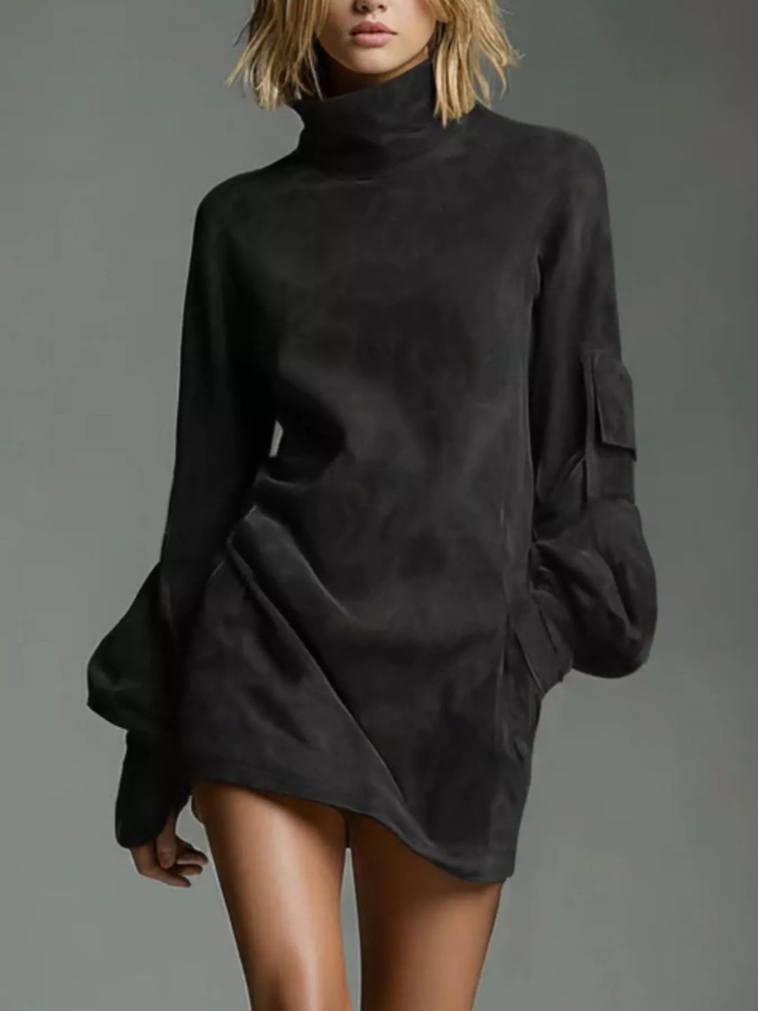 Black suede mini dress with high turtleneck and gathered lantern sleeves