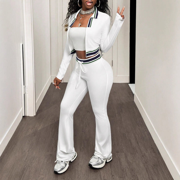 White women’s high-neck zip crop top and slim track pants set with striped ribbed trim