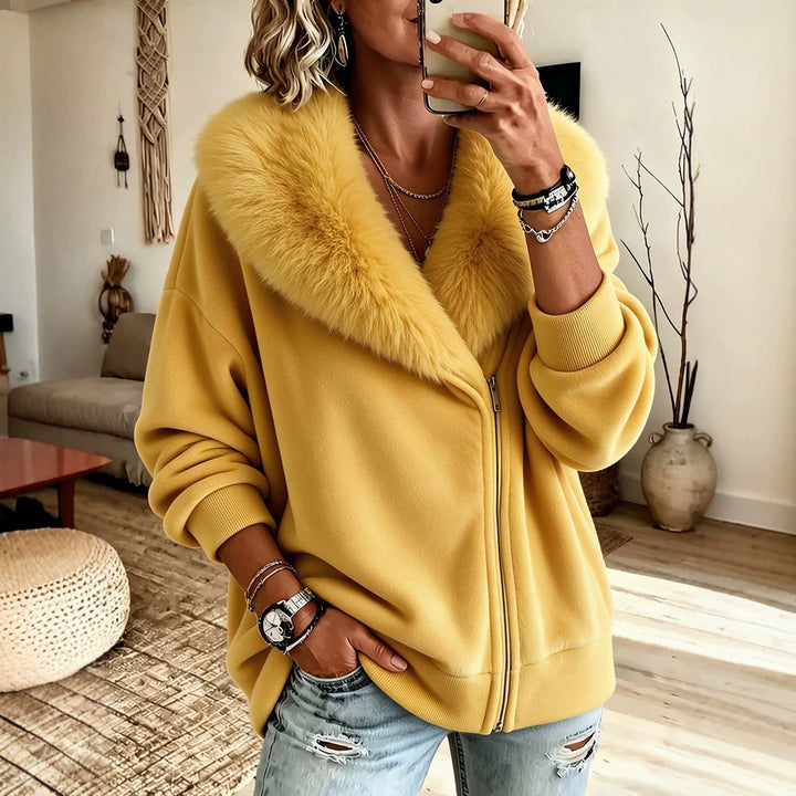 Women's zip-up velvet cardigan with plush collar, mustard yellow