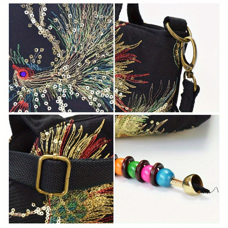 Collage of a black handbag with gold and multicolor embroidery, a colorful beaded keychain, and a close-up of the bag's strap.