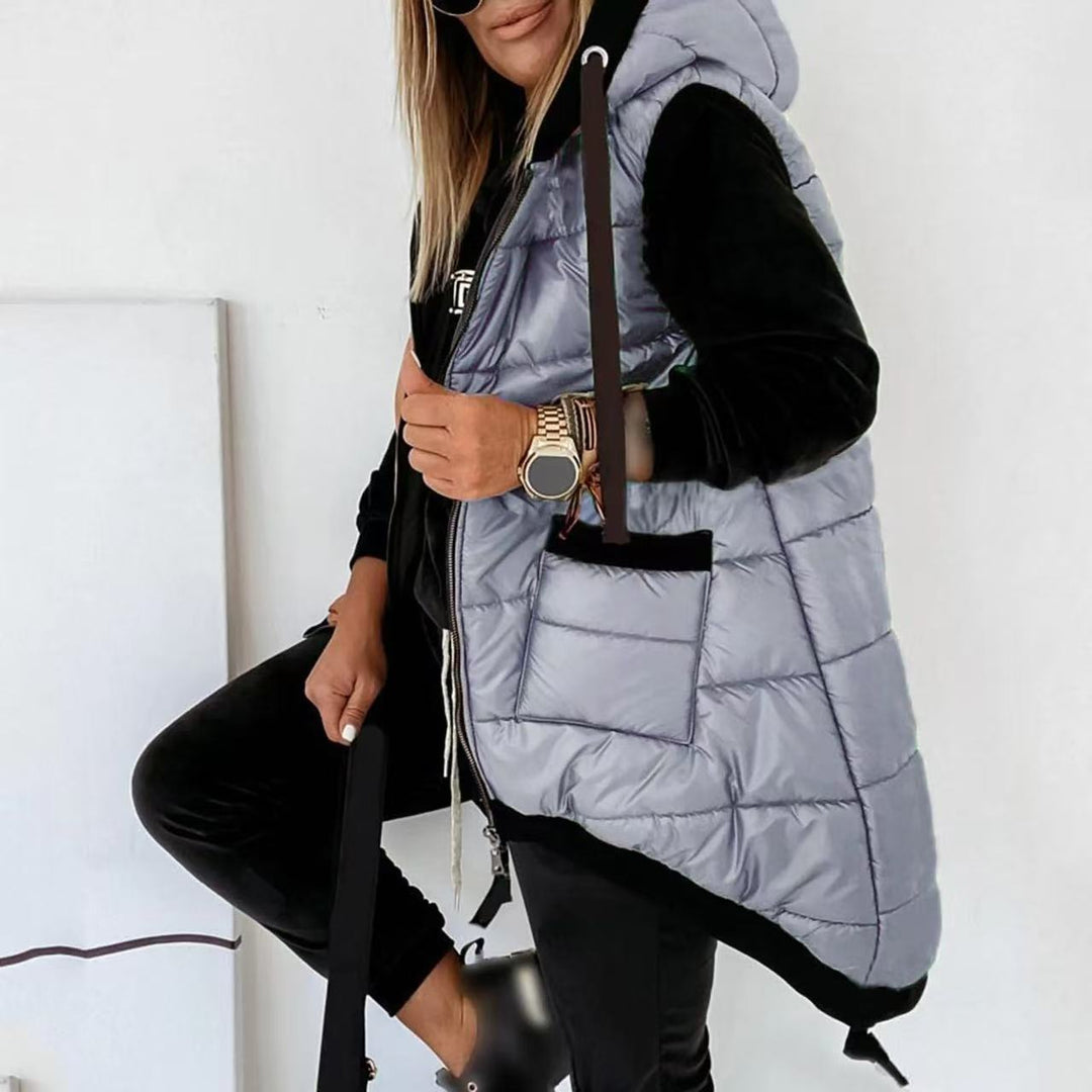Women’s hooded puffer vest with zipper, two front pockets, light gray-blue