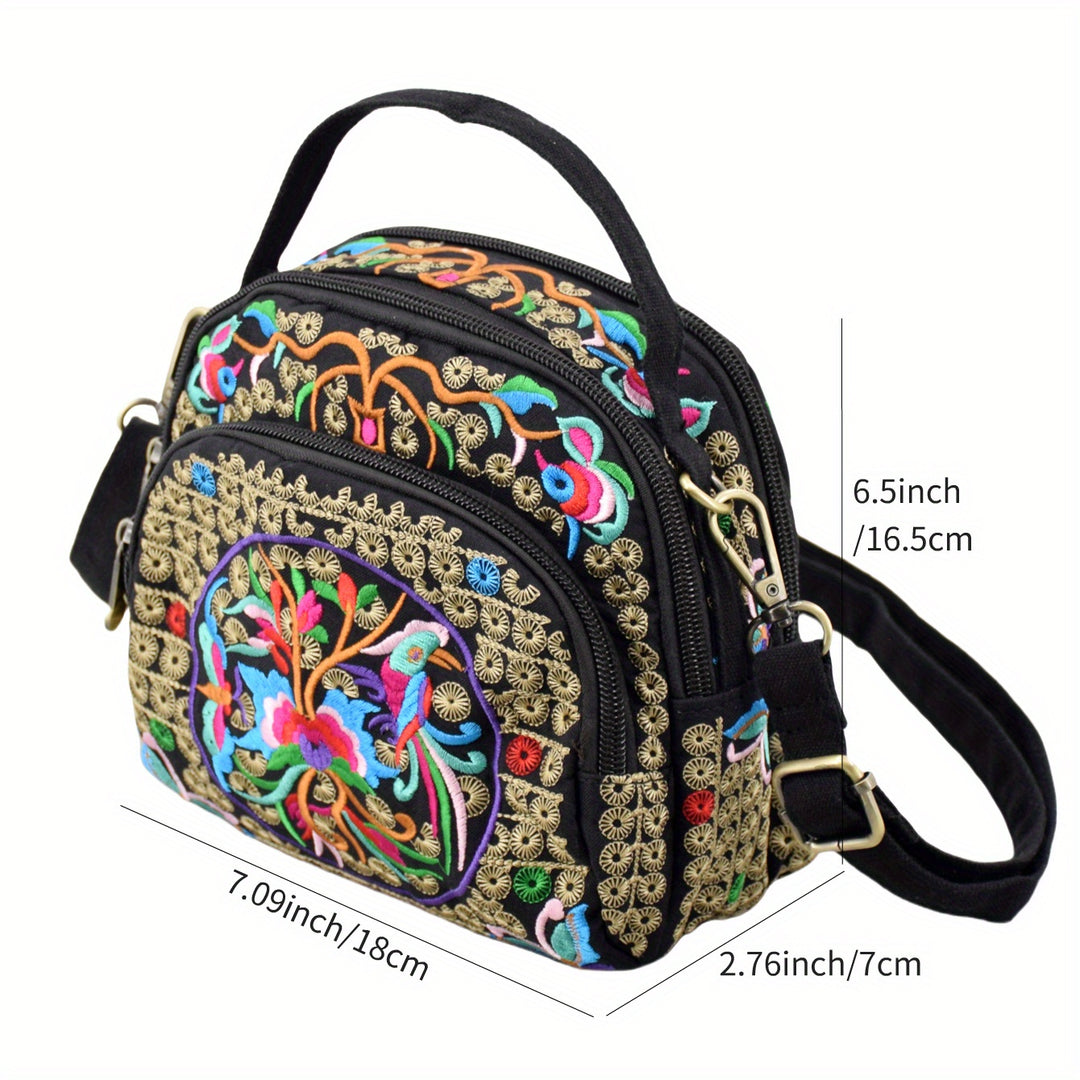 Colorful embroidered bag with dimensions on a white background
