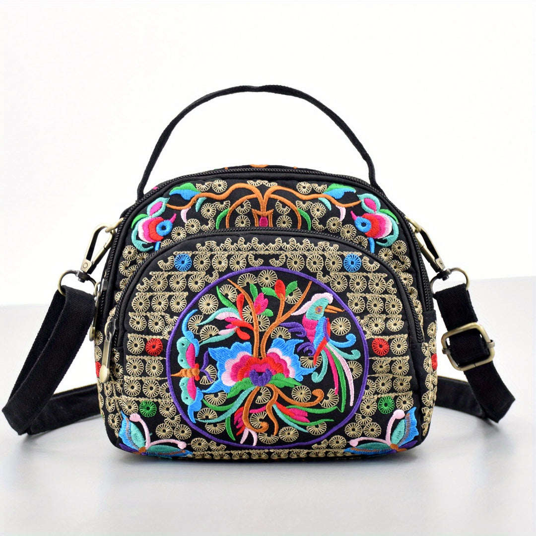 Colorful embroidered bag with a white background