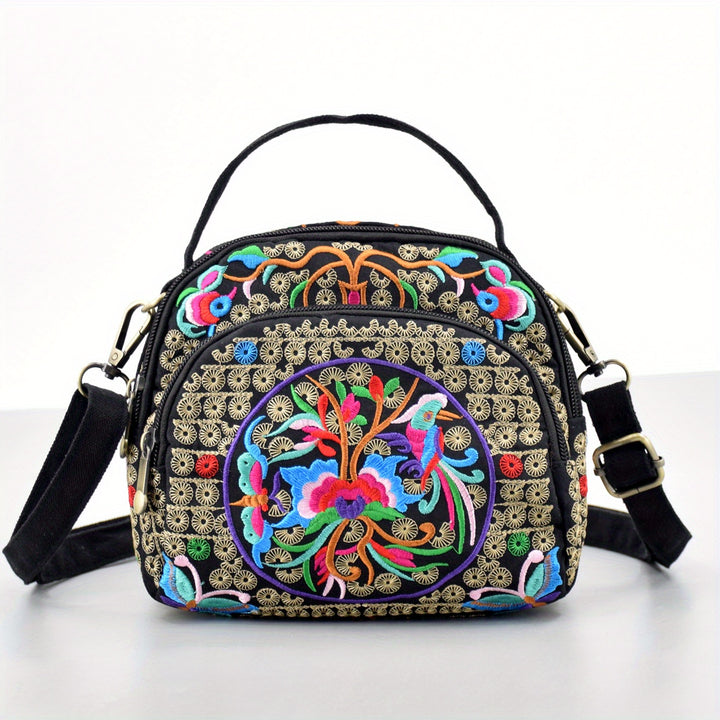 Colorful embroidered bag with a white background
