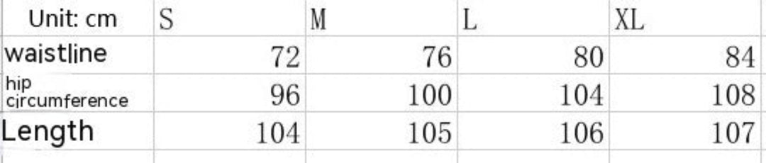 Measurement chart for waistline, hip circumference, and length in centimeters with size labels S, M, L, and XL.