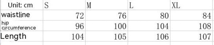 Measurement chart for waistline, hip circumference, and length in centimeters with size labels S, M, L, and XL.