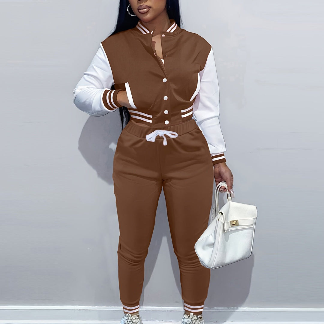 Trendy Streetwear Crop Baseball Jacket & Pants Set - Flossy Mom