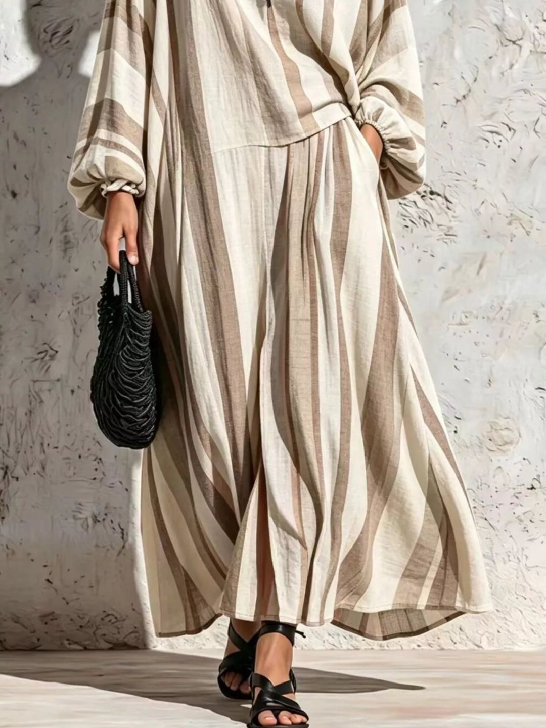 Women's Beige Striped Wide-Leg Pants With Side Pocket, Lower-Half Detail