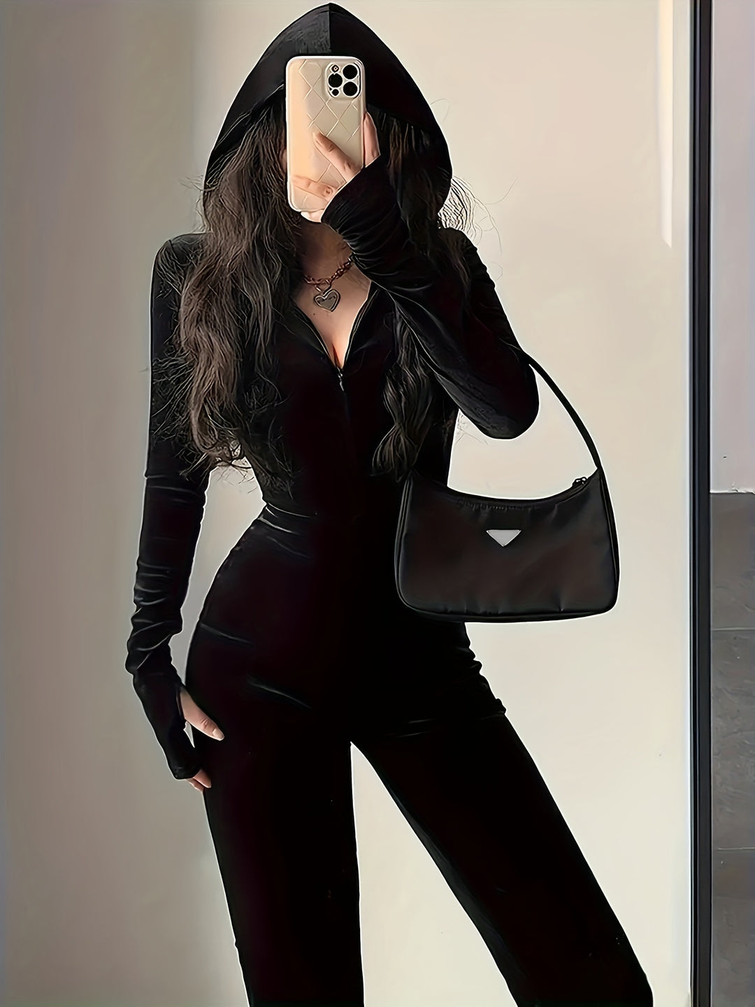 Sleek Black Velvet Hooded Flared Leg Jumpsuits - Flossy Mom