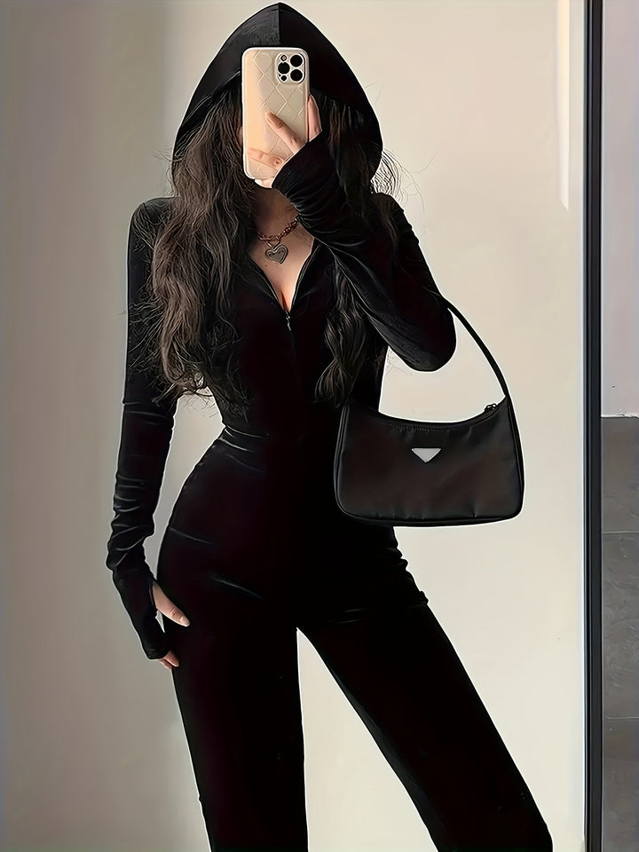 Sleek Black Velvet Hooded Flared Leg Jumpsuits - Flossy Mom