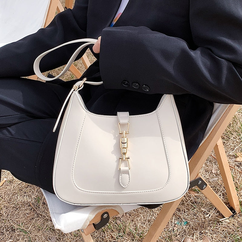 Women's Designer-Inspired Gold Lock Crossbody Leather Handbag in White — Sleek & Trendy