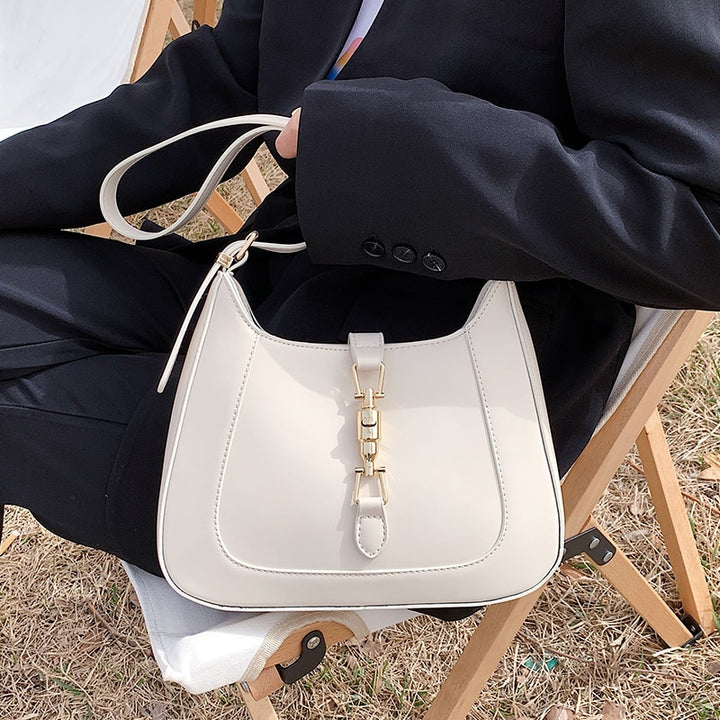 Women's Designer-Inspired Gold Lock Crossbody Leather Handbag in White — Sleek & Trendy