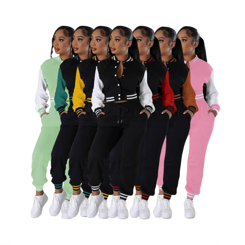 Color-block varsity jacket and drawstring joggers set, shown in mixed colors.