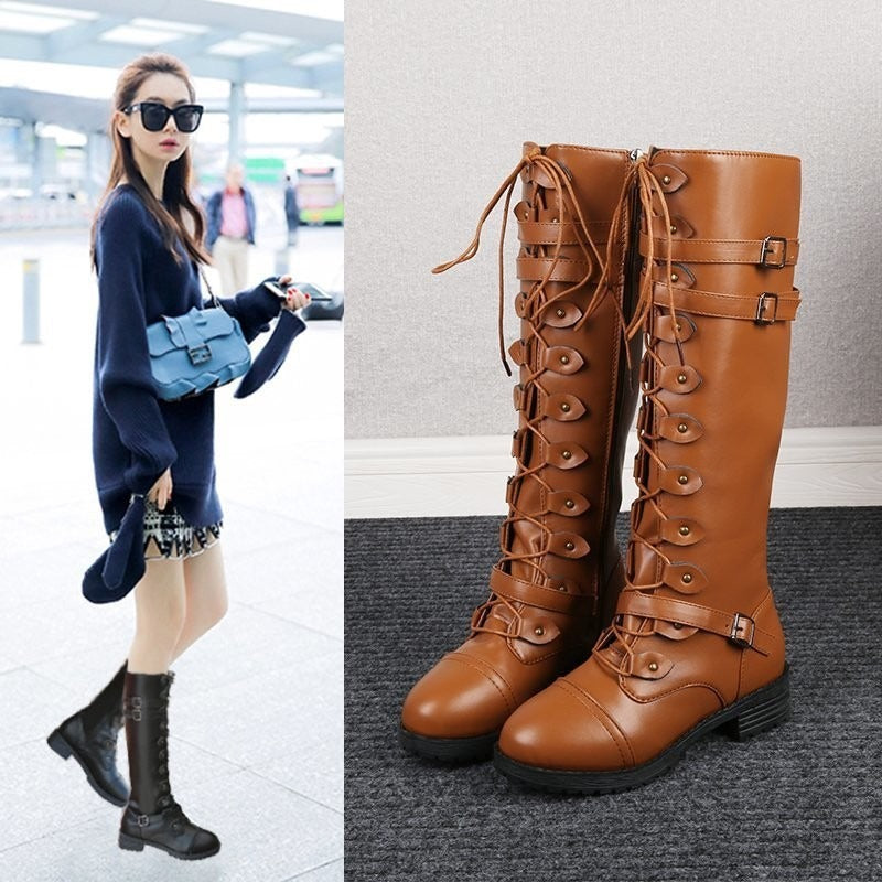 Women's Wearing Black Knee-High Riding Boots Equestrian Leather Style Flossy Mom