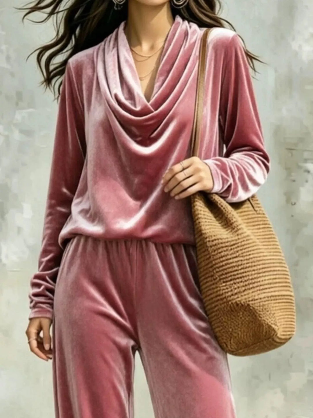 Pink velvet cowl-neck long-sleeve top with matching jogger pants
