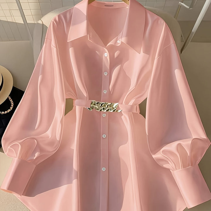 Dollish Long Sleeve Buttons Collar Office Shirts with Metallic Belt - Flossy Mom