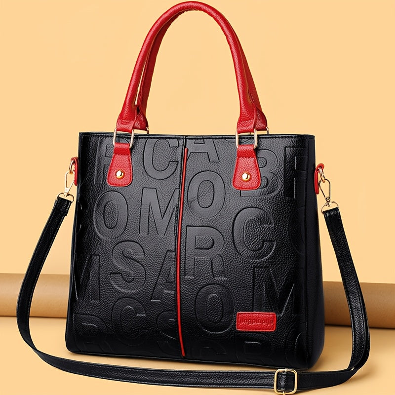 Top Handle Straps Zipper Letter Print PU Leather Handbags - Flossy Mom