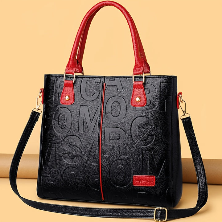 Top Handle Straps Zipper Letter Print PU Leather Handbags - Flossy Mom