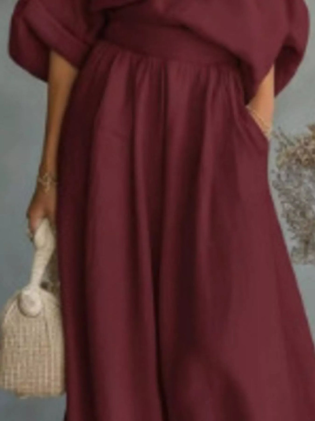 Plus-size one-shoulder top and wide-leg pants set, burgundy, gathered front