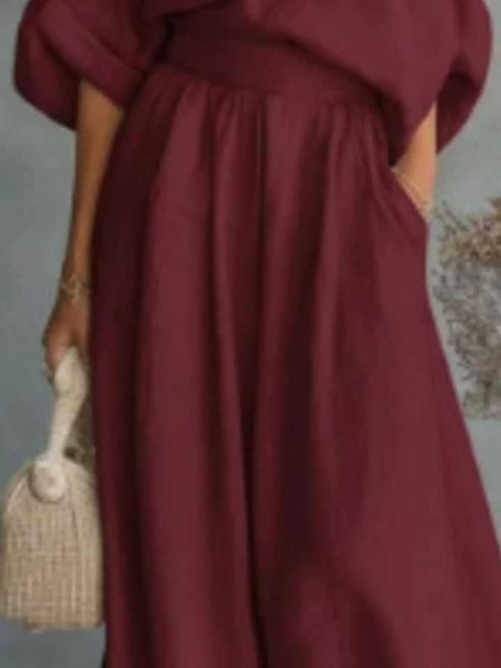 Plus-size one-shoulder top and wide-leg pants set, burgundy, gathered front