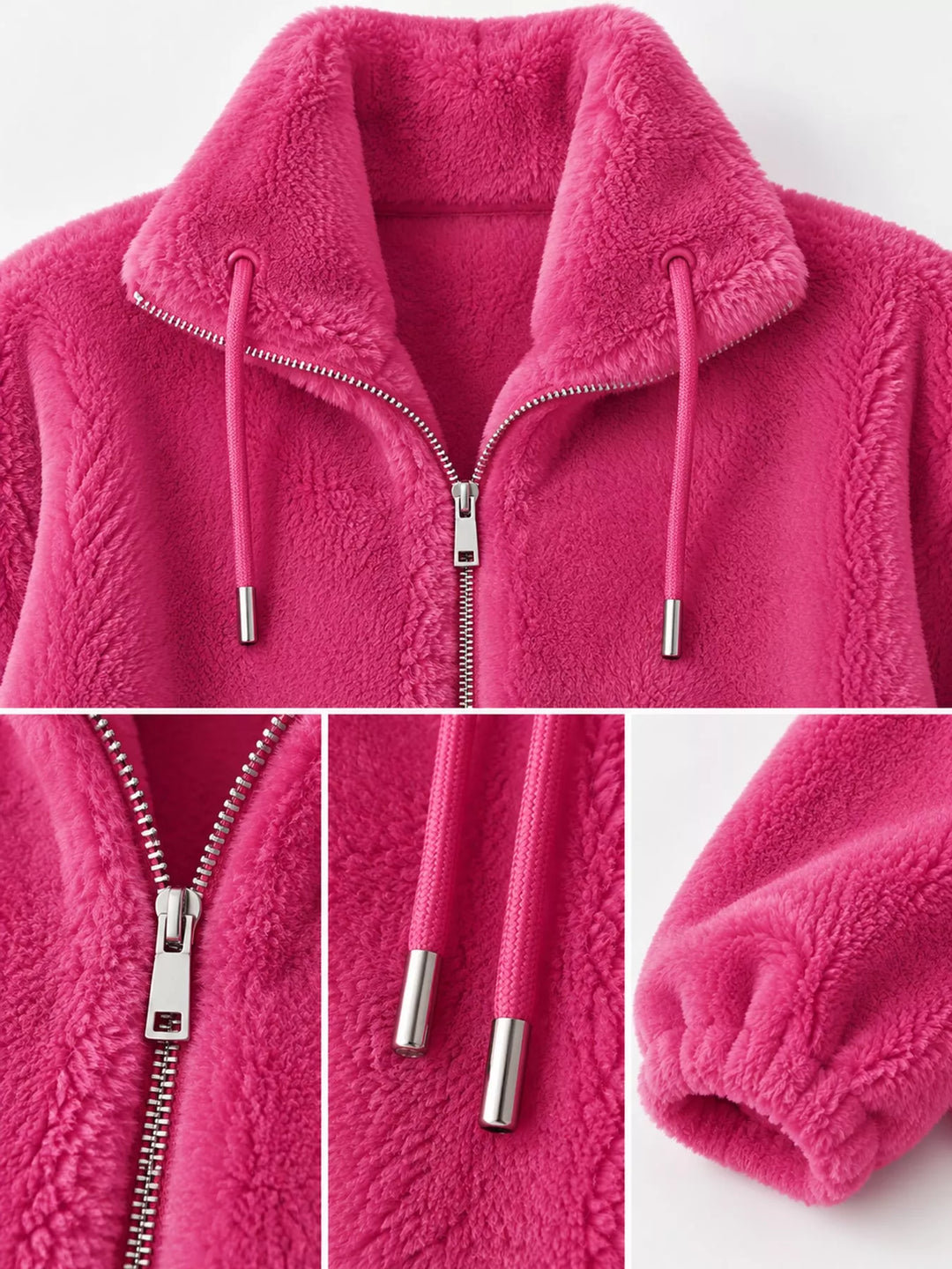 Fuchsia faux fur stand-collar zip jacket close-up with drawstring cords and zipper