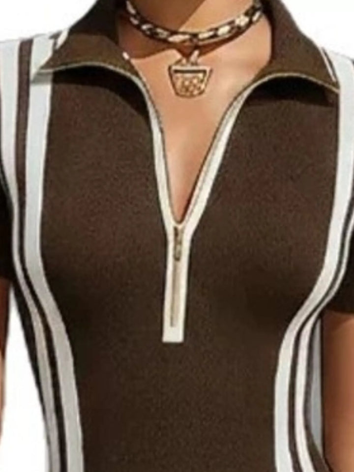 Brown midi dress close-up: short-sleeve bodice with contrast stripes and front zip