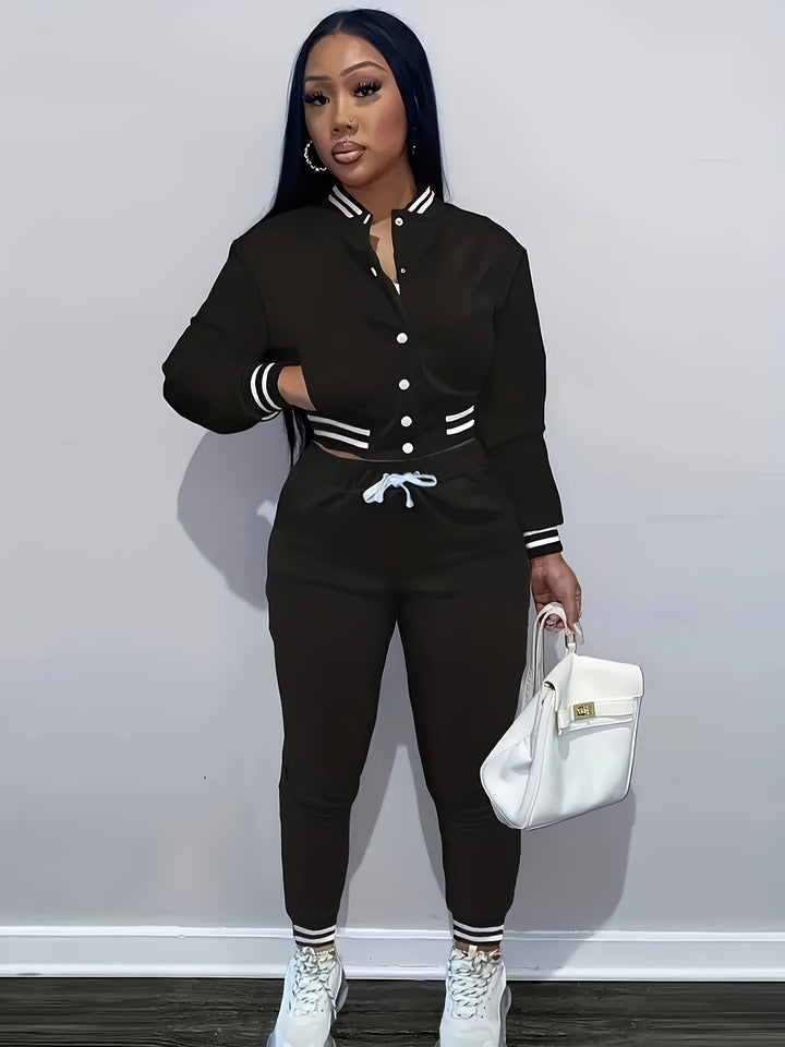 Trendy Streetwear Crop Baseball Jacket & Pants Set - Flossy Mom