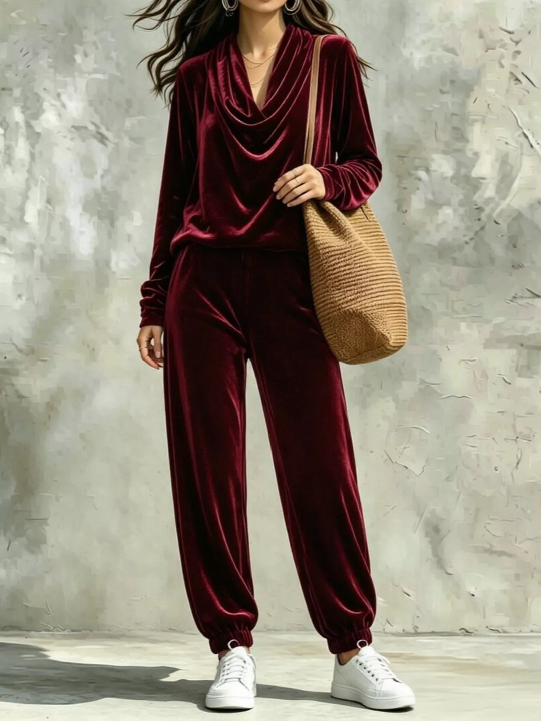 Wine red velvet cowl-neck long-sleeve top and matching jogger pants set