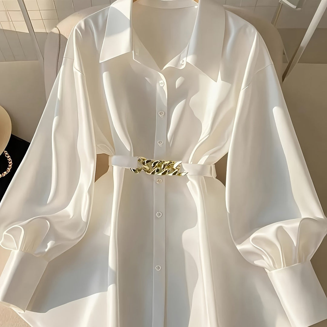Dollish Long Sleeve Buttons Collar Office Shirts with Metallic Belt - Flossy Mom
