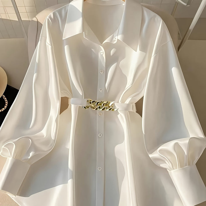 Dollish Long Sleeve Buttons Collar Office Shirts with Metallic Belt - Flossy Mom