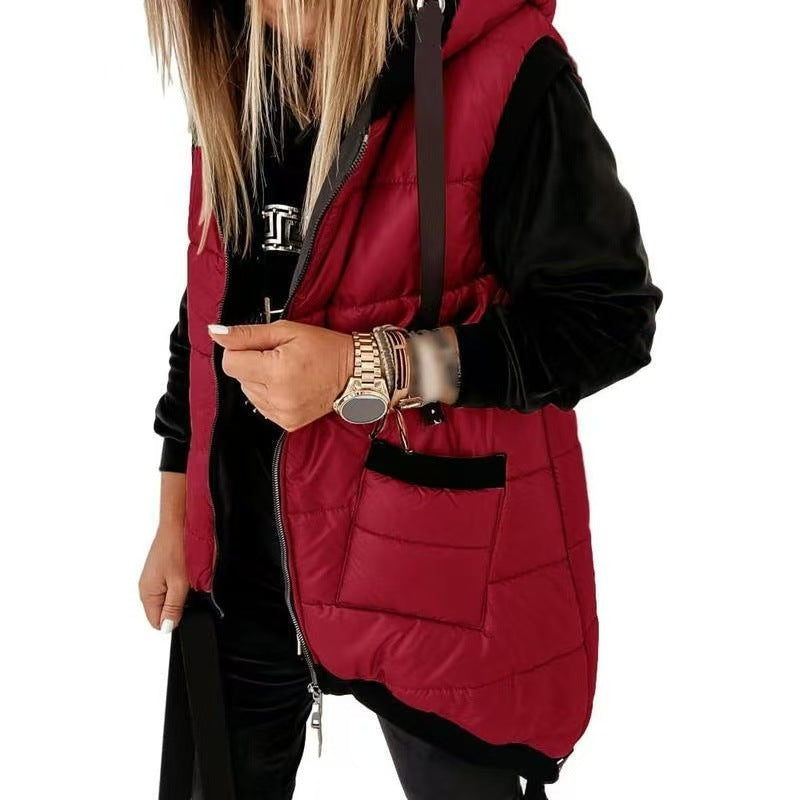 Women's hooded padded vest with front zipper and two pockets, wine red