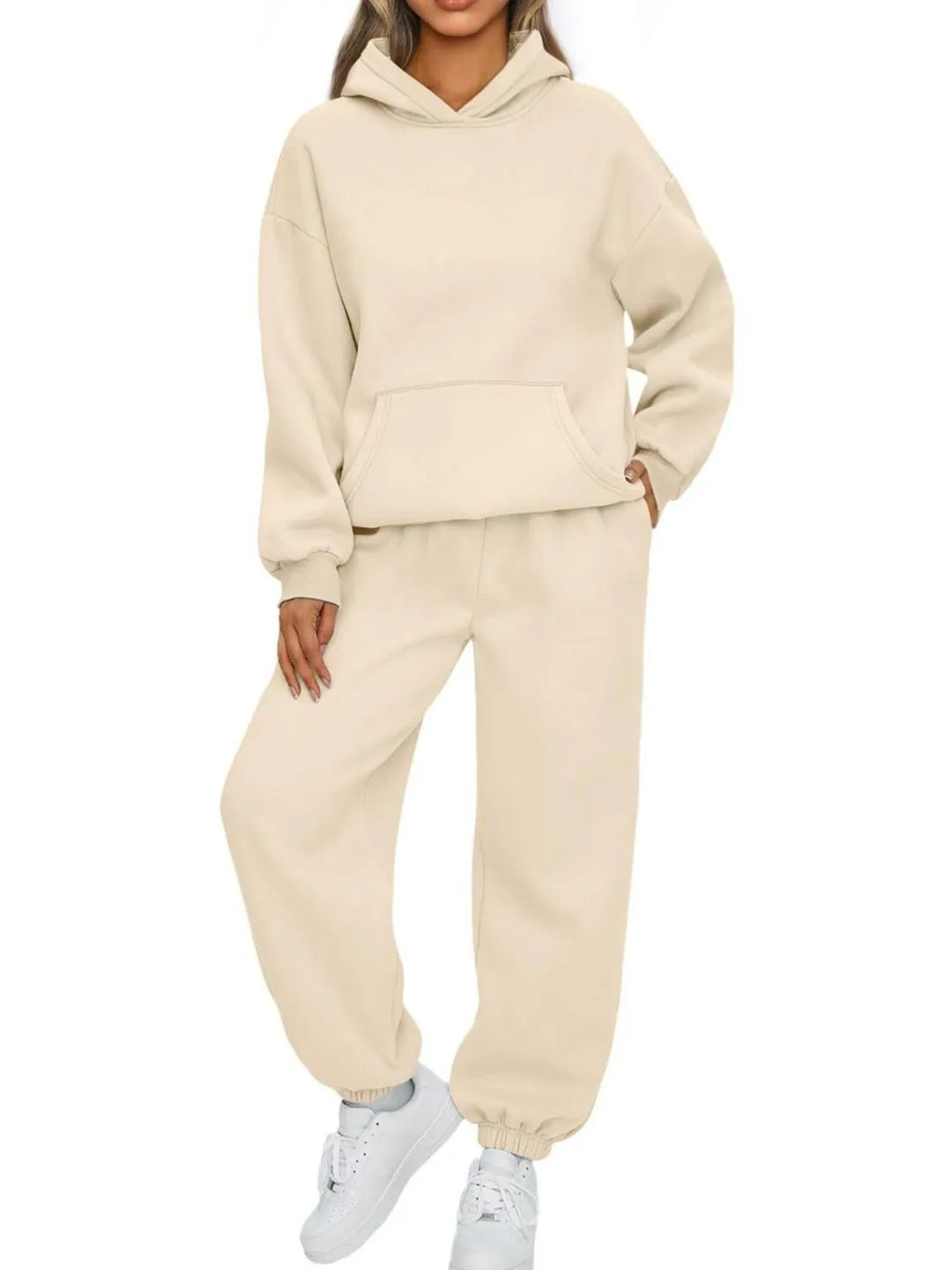 Plus-size apricot-beige hoodie and jogger set with kangaroo pocket and hood