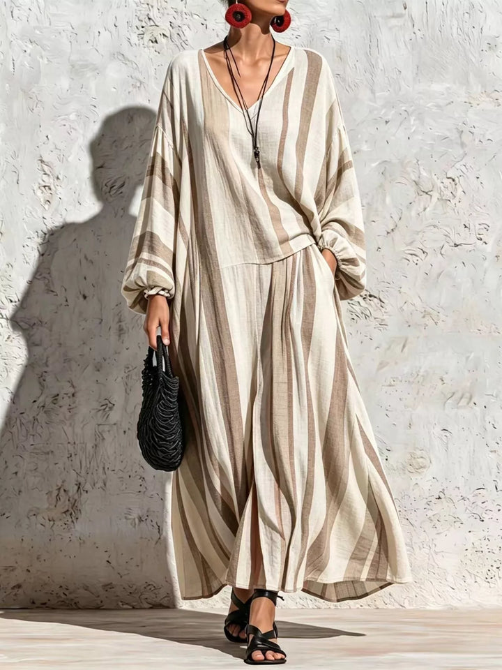 Women's Beige Striped V-Neck Top And Wide-Leg Pants Matching Set, Front View