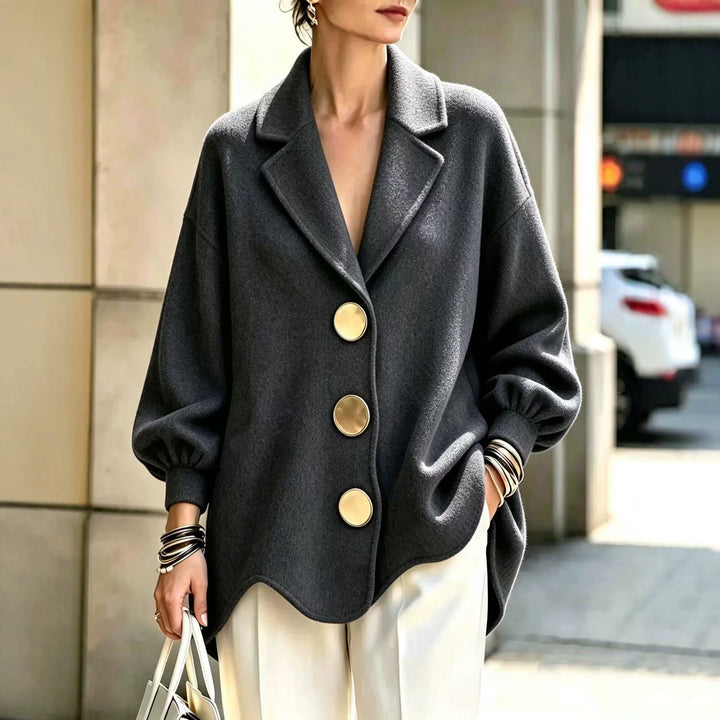 Women's Gray V-Neck Blouse With Statement Gold-Tone Buttons And Gathered Sleeve Cuffs, Styled With Cream Trousers