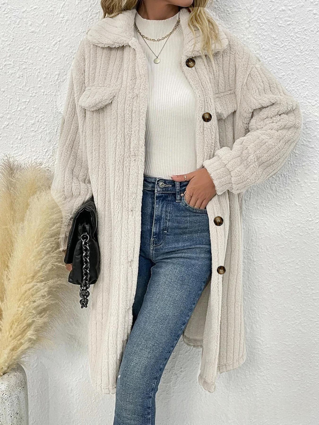  Women’s Plus Size White Textured Coat With Fold-Over Collar And Chest Pockets, Styled Over A White Top