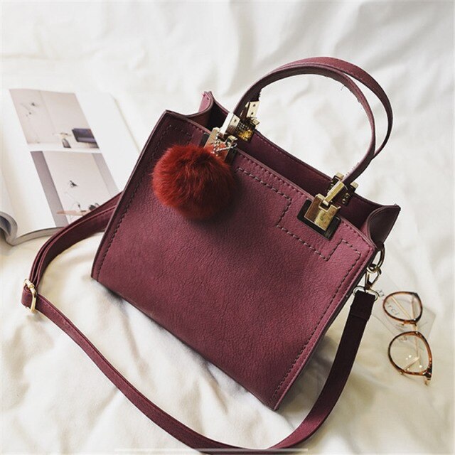 Chic Handle Fur Ball Suede Leather Handbags