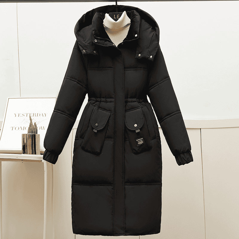 Black Women's Plus Size Hooded Long Puffer Coat With Cinched Waist And Flap Pockets