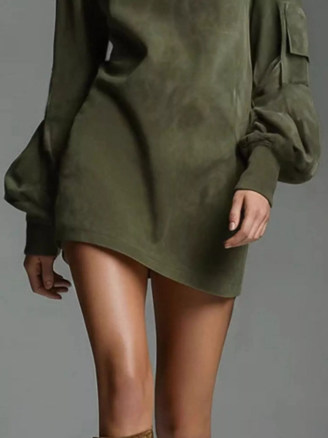 Army green suede mini dress with lantern sleeve volume and straight hem