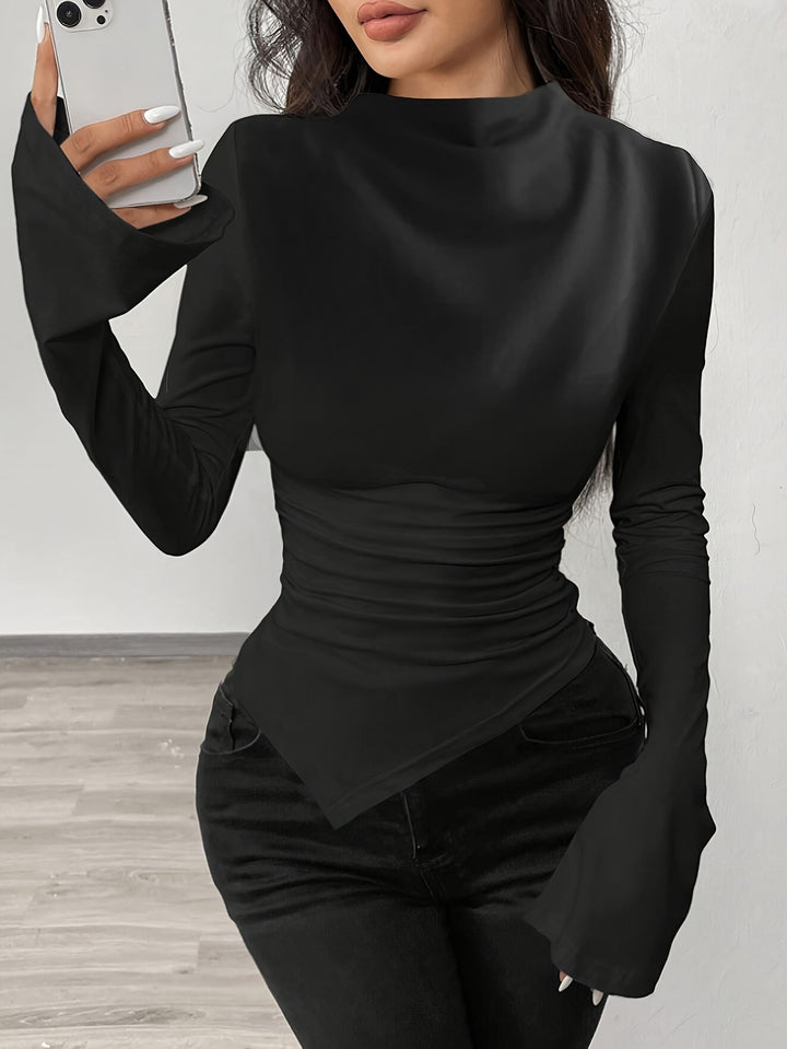 High Neck Wide Shoulder Asymmetrical Plus Size Black Shirts - Flossy Mom