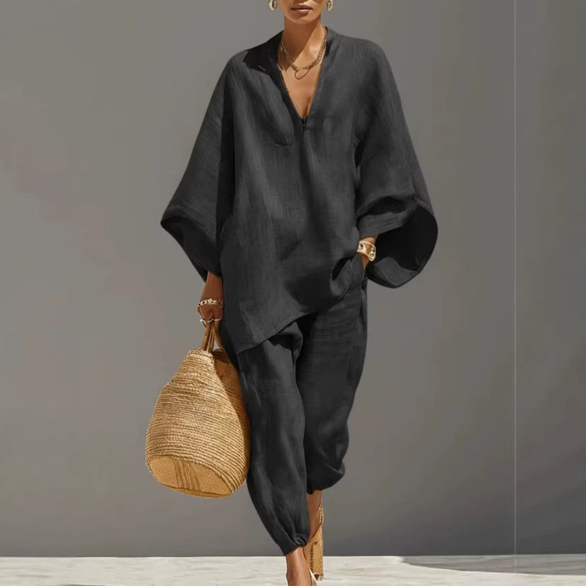 Women's Solid Color Loose Three-Quarter Sleeve Shirt And Pants Set