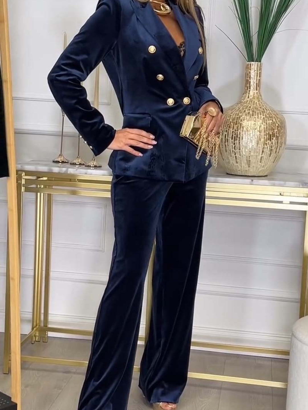 Classy Plus Size Velvet Suit- Double-breasted Blazer & Pants - Gen U Us Products