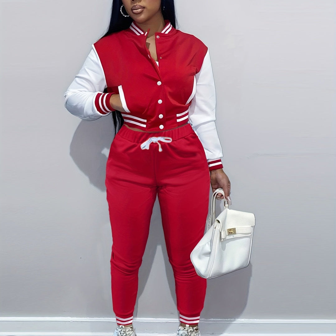 Trendy Streetwear Crop Baseball Jacket & Pants Set - Flossy Mom