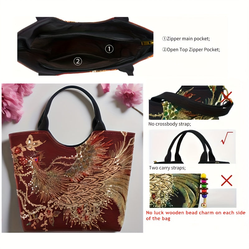 Embroidered handbag with features highlighted on a white background