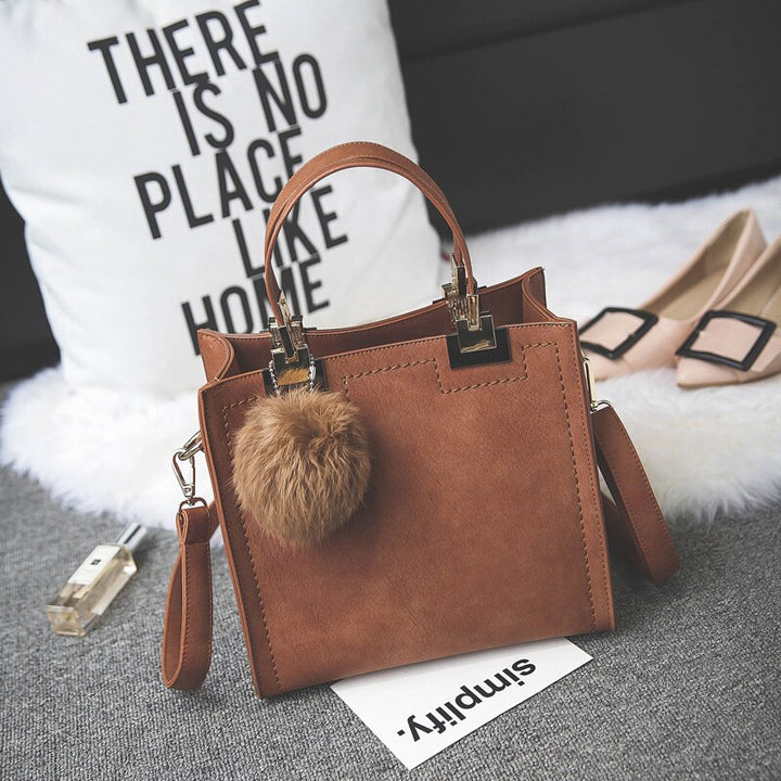 Chic Handle Fur Ball Suede Leather Handbags