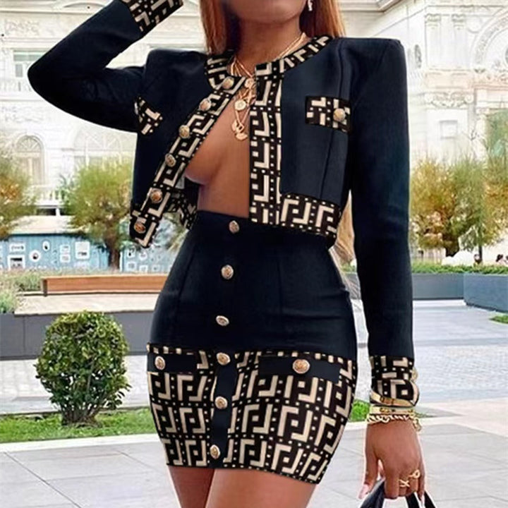 Office Lady Chic Stitching Details Long-sleeve Jacket & Midi Dress
