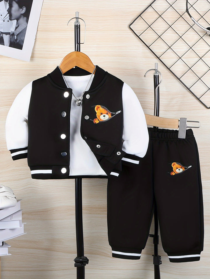 🐻 Cozy Peeking Bear Print Varsity Jacket + Pants - Flossy Mom