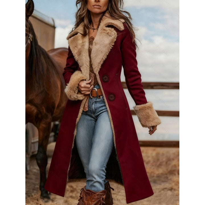 Women's Wine Red Longline Western Coat With Tan Plush-Look Collar And Cuffs