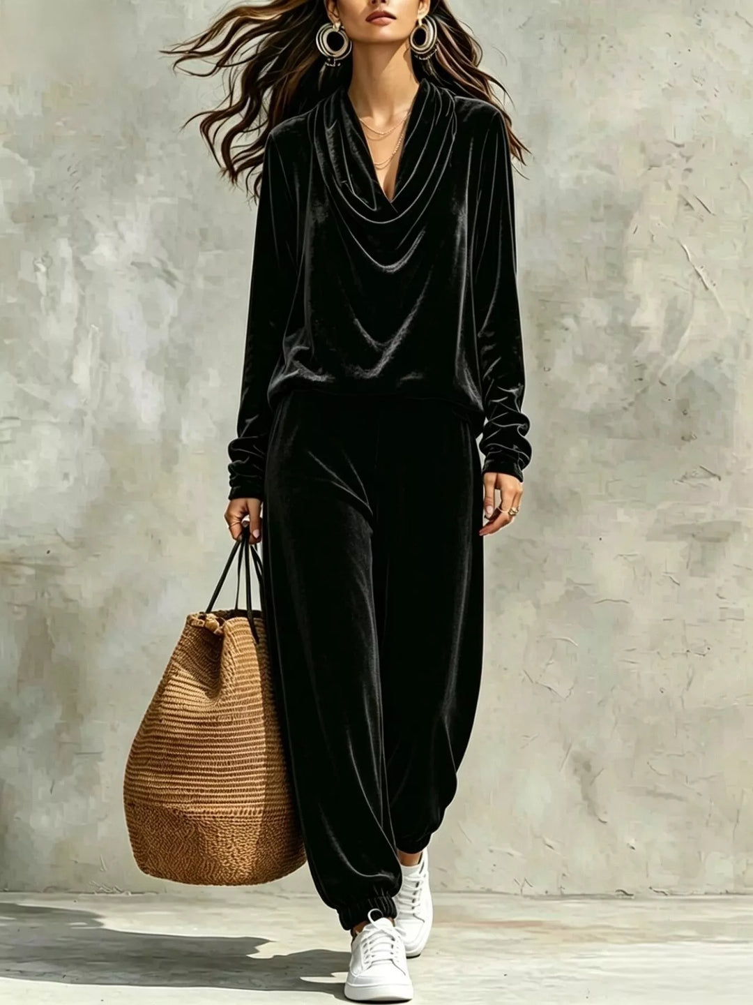 Black velvet cowl-neck long-sleeve top and matching jogger pants set