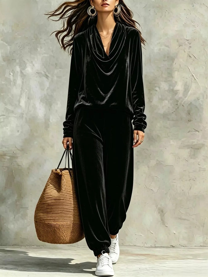 Black velvet cowl-neck long-sleeve top and matching jogger pants set