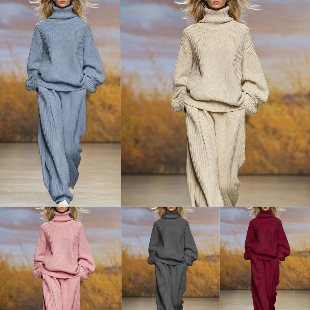 Multi-color knit two-piece set with high-neck top and wide-leg pants (blue, pink, gray, burgundy)